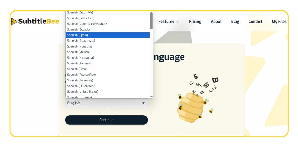 Choose Spanish Language in SubtitleBee Choose Spanish Language in SubtitleBee