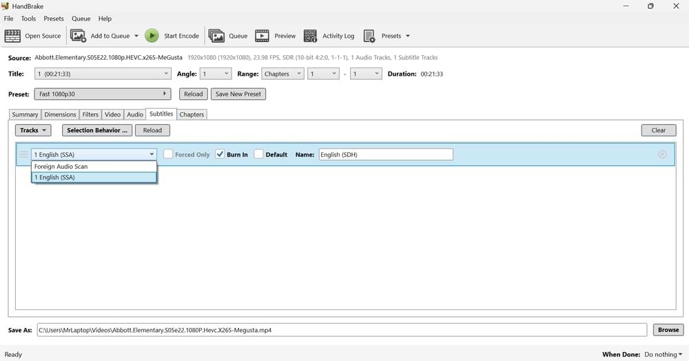 Hardcode Subtitles with HandBrake
