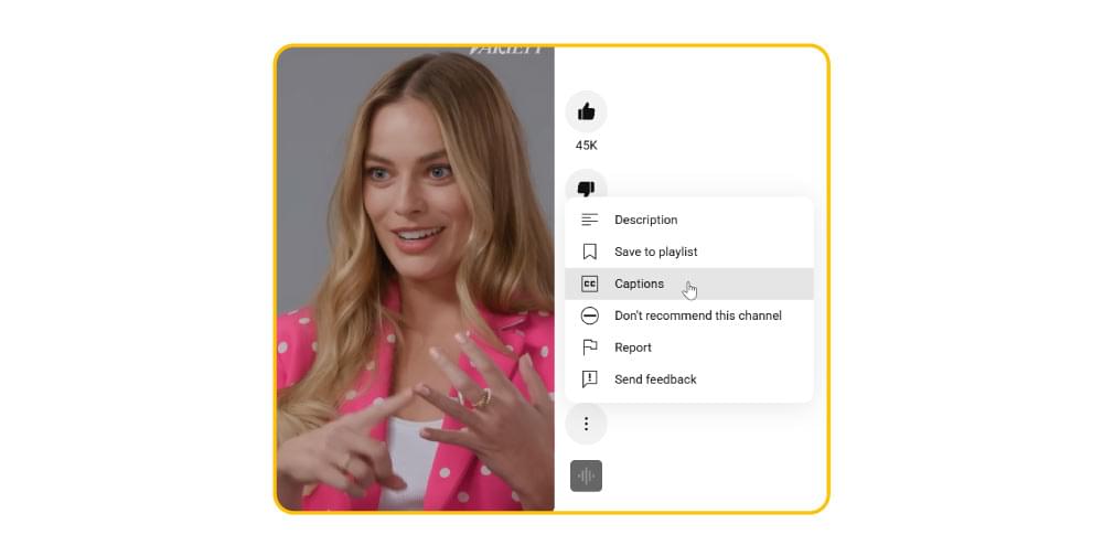 Captions option in the YouTube mobile player menu