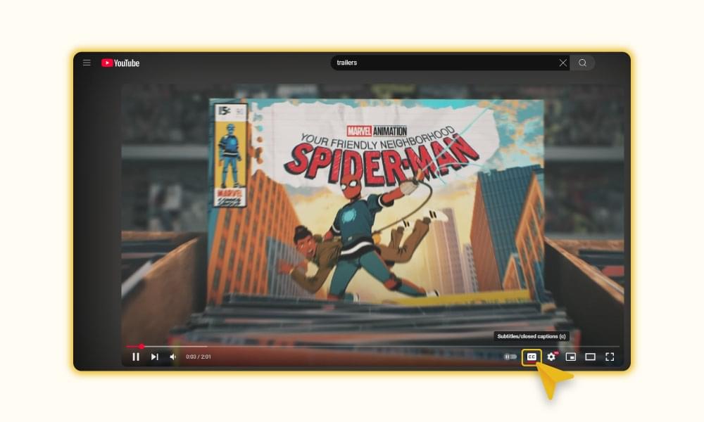 CC button in the YouTube desktop player controls