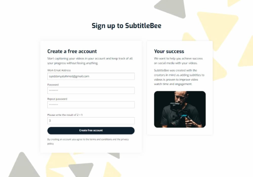 SubtitleBee sign up page