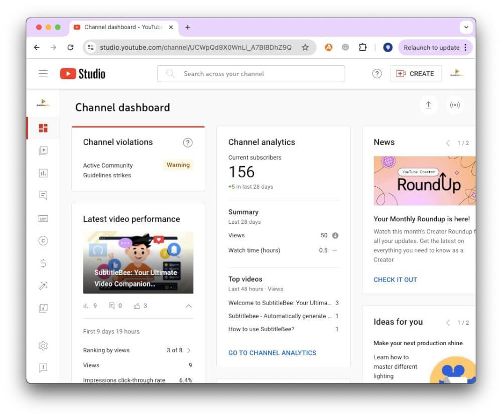 YouTube dashboard screen