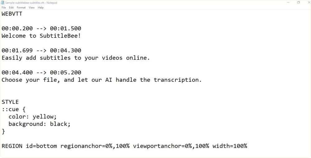 Standard VTT File Formatting Example