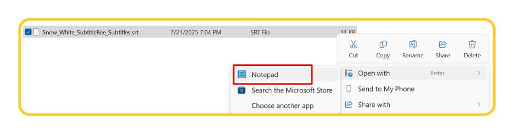 Open SRT File with Notepad Open SRT File with Notepad